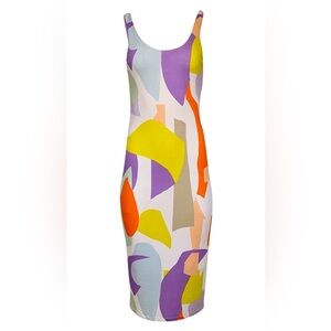 Alice + Olivia, size 4. White mutlicolor, geometric shapes print midi fit dress